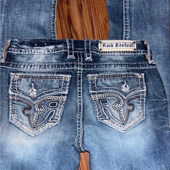 Rock Revival Denim - Rock Revival Distressed Blue Jeans with Embroidered Pockets